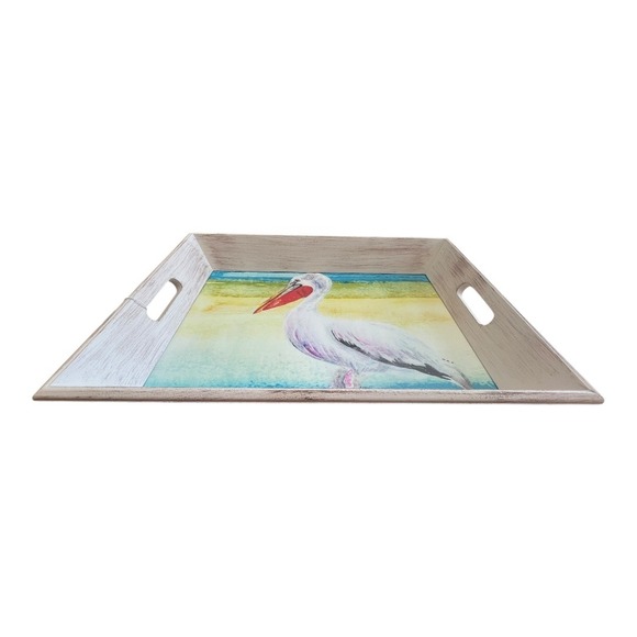 Cabana Pelican Serving Tray Large 18x13 White Wood Coastal New With Tags - Picture 3 of 4
